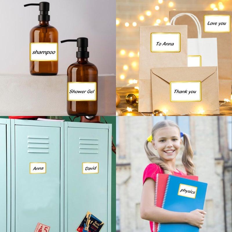 Yeachlaing 2" x 3" 200 PCS Name Labels, Waterproof Blank Name Tag Stickers with Permanent Adhesive Writable Stickers with Metallic Gold Border for School Office Home - Image 4
