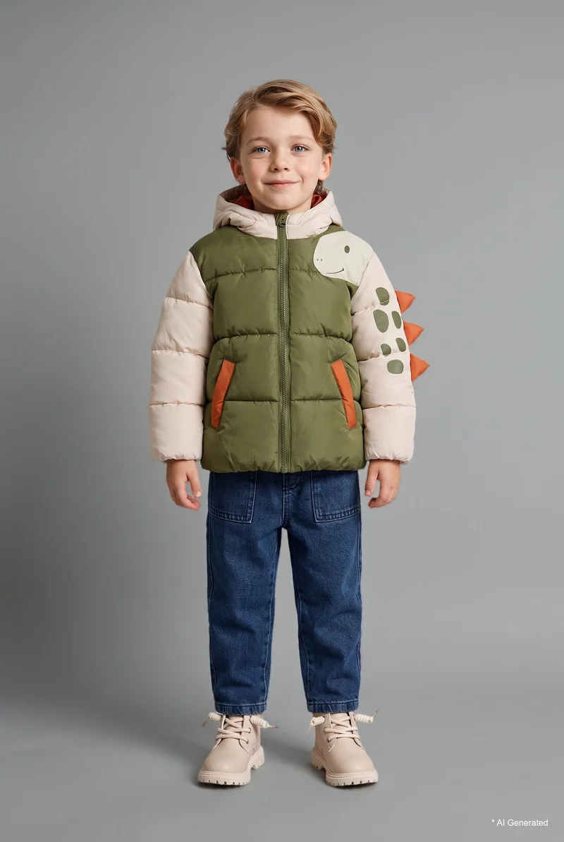 Defacto Baby Boy Dinosaur Print Hooded Zip-Up Puffer Jacket
