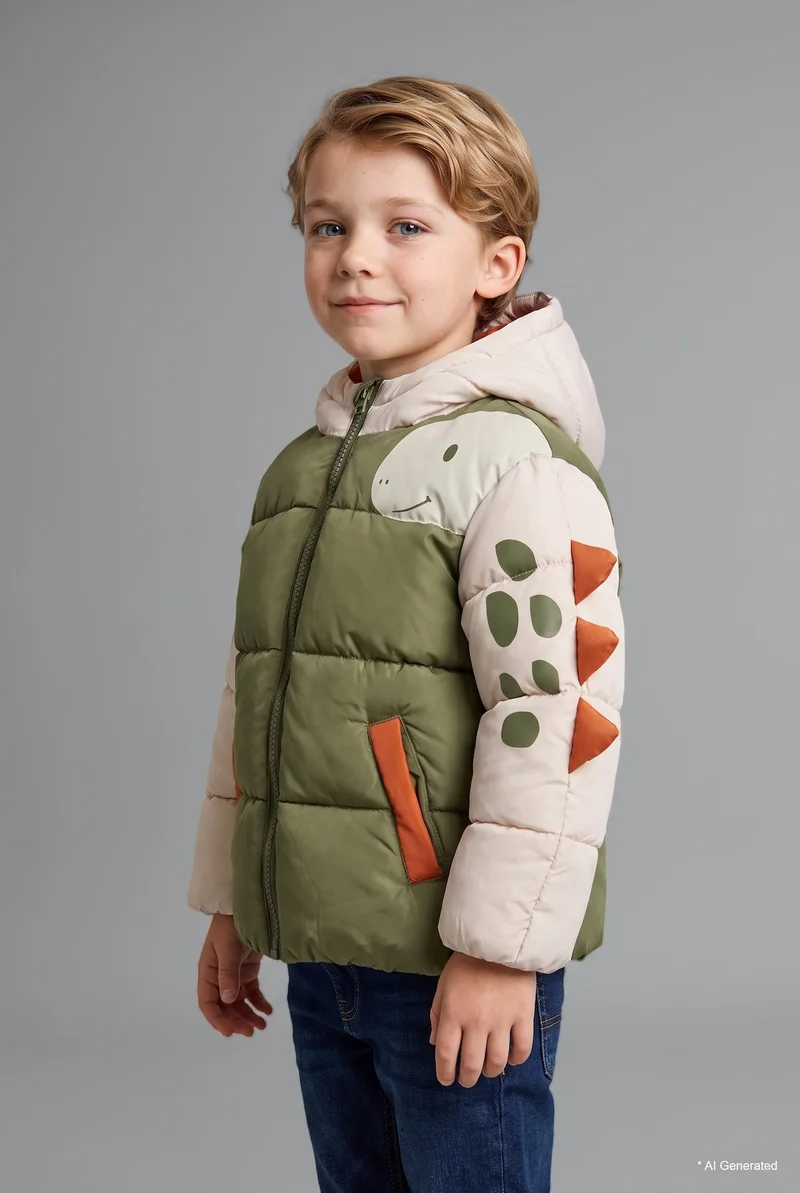 Defacto Baby Boy Dinosaur Print Hooded Zip-Up Puffer Jacket