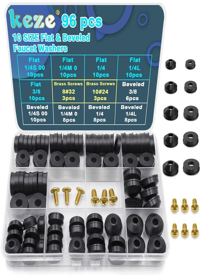 Keze 96 Pcs Faucet Washers 10 Sizes, Assorted Kit with Brass Bibb Screws, Flat Beveled Rubber Washer for Diy, Outdoor Taps, Rod, Leak, R - Image 1