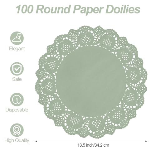 MCEAST 100 Pack Round Sage Green Paper Doilies 135 Inches Lace Paper Place Mats Rustic Scallop Doily Disposable Table Pads for Food Cakes Crafts Party Weddings Tableware Decor - Image 3