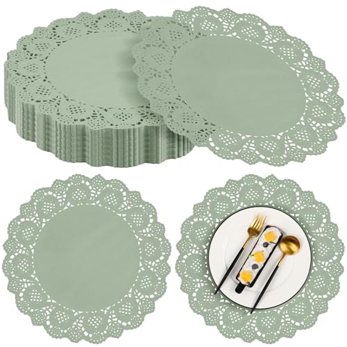 MCEAST 100 Pack Round Sage Green Paper Doilies 135 Inches Lace Paper Place Mats Rustic Scallop Doily Disposable Table Pads for Food Cakes Crafts Party Weddings Tableware Decor - Image 1