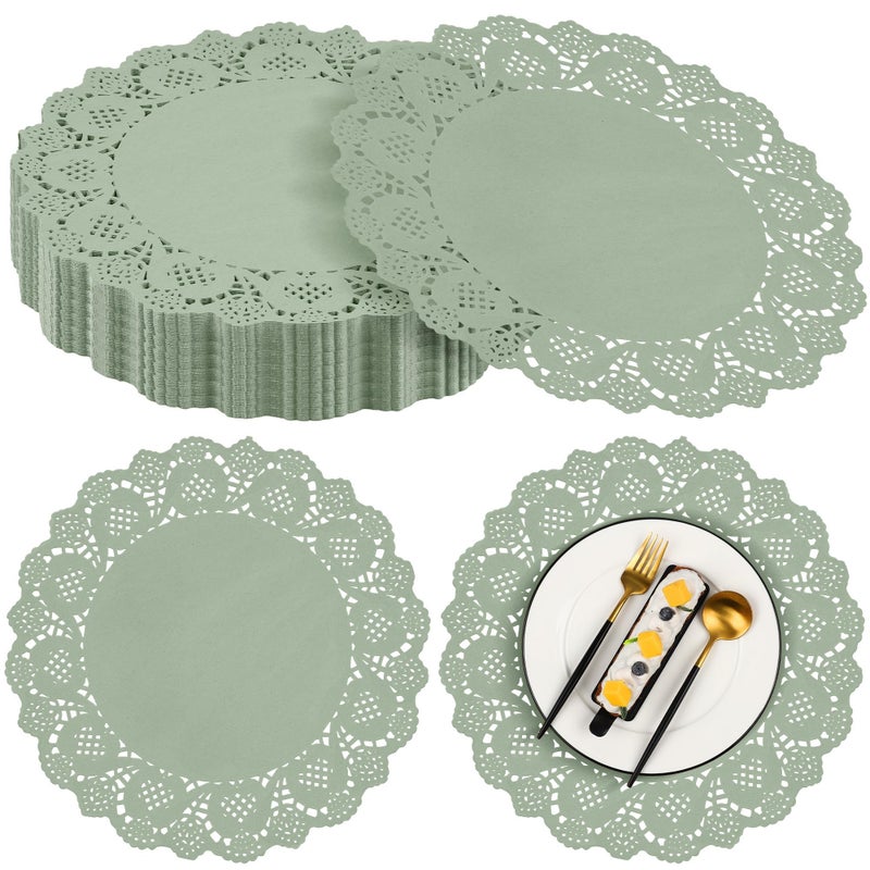 MCEAST 100 Pack Round Sage Green Paper Doilies 135 Inches Lace Paper Place Mats Rustic Scallop Doily Disposable Table Pads for Food Cakes Crafts Party Weddings Tableware Decor - Image 2