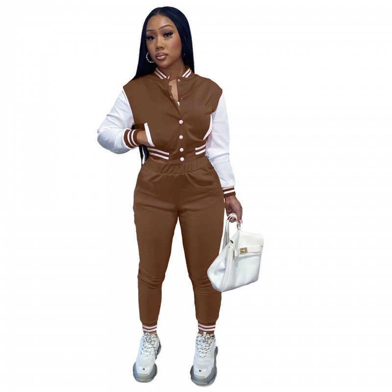Baseball Jacket  Pants Set Womens Sports Suit Brown 