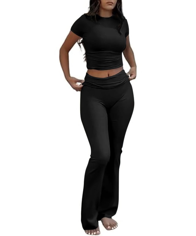COPYLEAF Two Piece Lounge Sets for Women Fold Over Flare Pants Short Sleeve Crop Top Y2k Outfits Matching Set Tracksuit(Black XS) - Image 1