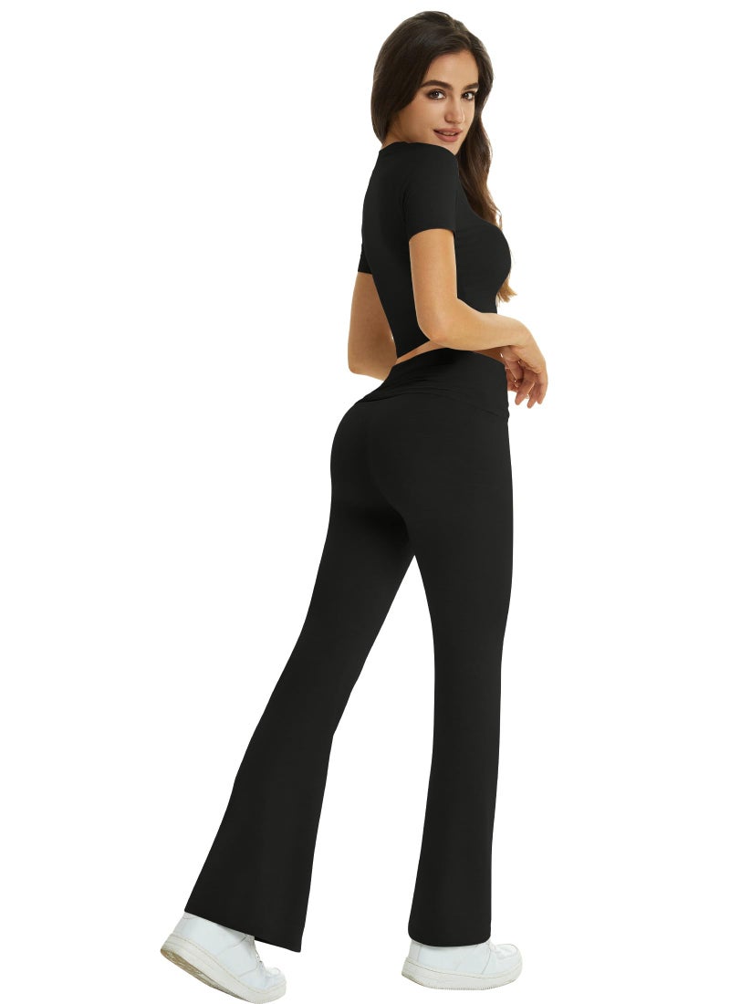 COPYLEAF Two Piece Lounge Sets for Women Fold Over Flare Pants Short Sleeve Crop Top Y2k Outfits Matching Set Tracksuit(Black XS) - Image 4