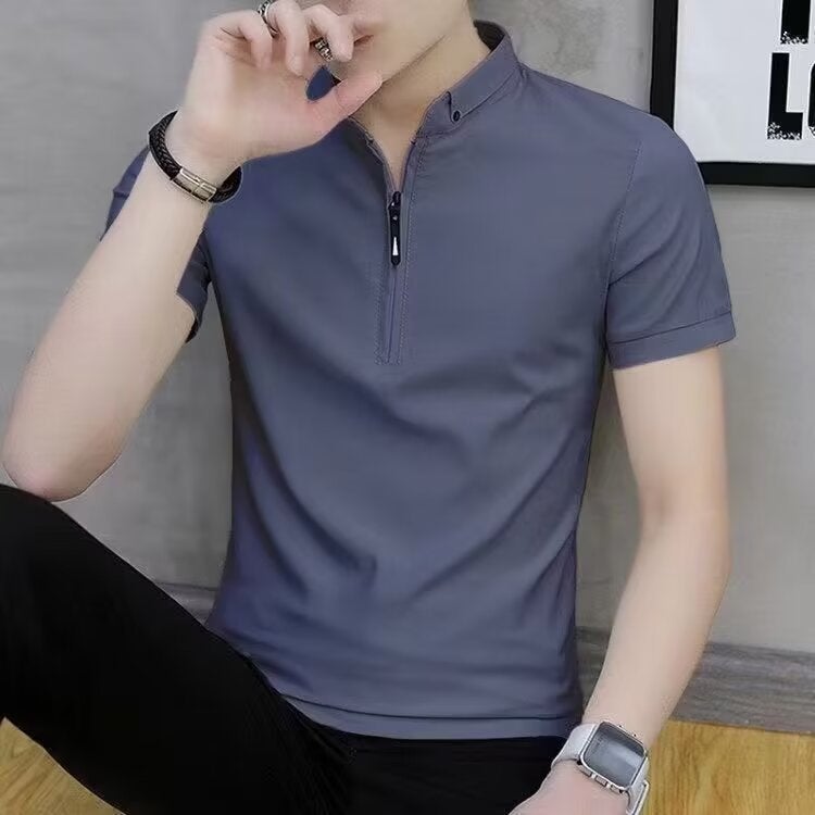 2024 Summer Mens Half-Zip Polo Tee Casual Loose Fit Dark gray - Image 1