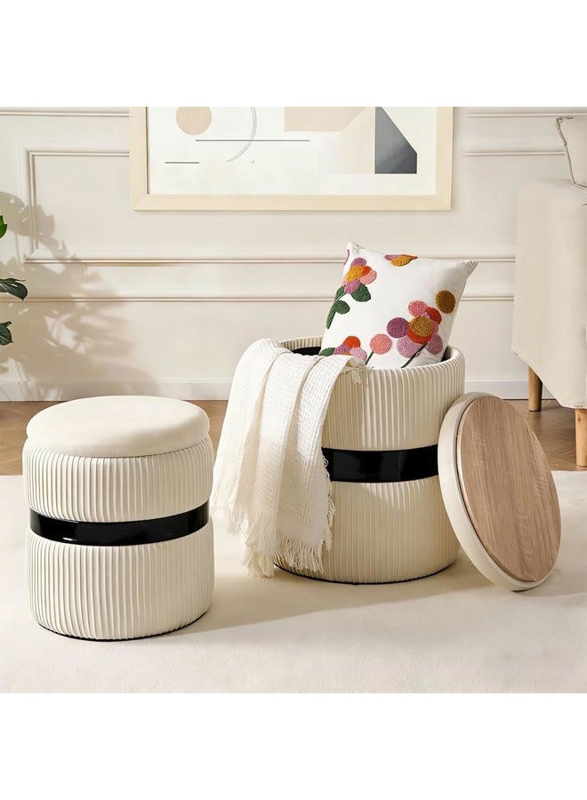 2BYF Round Ottoman with Storage Set of 2 Upholstered Velvet Vanity Stool for Living Room Storage Ottomans Multifunctional Foot Rest (Black-White) - Image 1