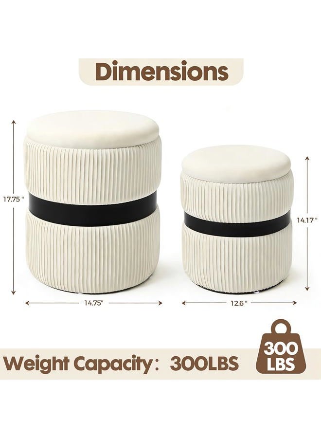 2BYF Round Ottoman with Storage Set of 2 Upholstered Velvet Vanity Stool for Living Room Storage Ottomans Multifunctional Foot Rest (Black-White) - Image 2