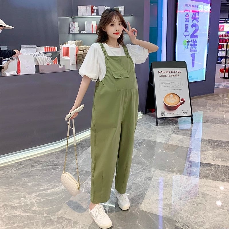 Qi Ta Maternity Overalls Summer Thin Set Loose Fit Plus Size Cotton Suspender Pants High Waist - Image 1