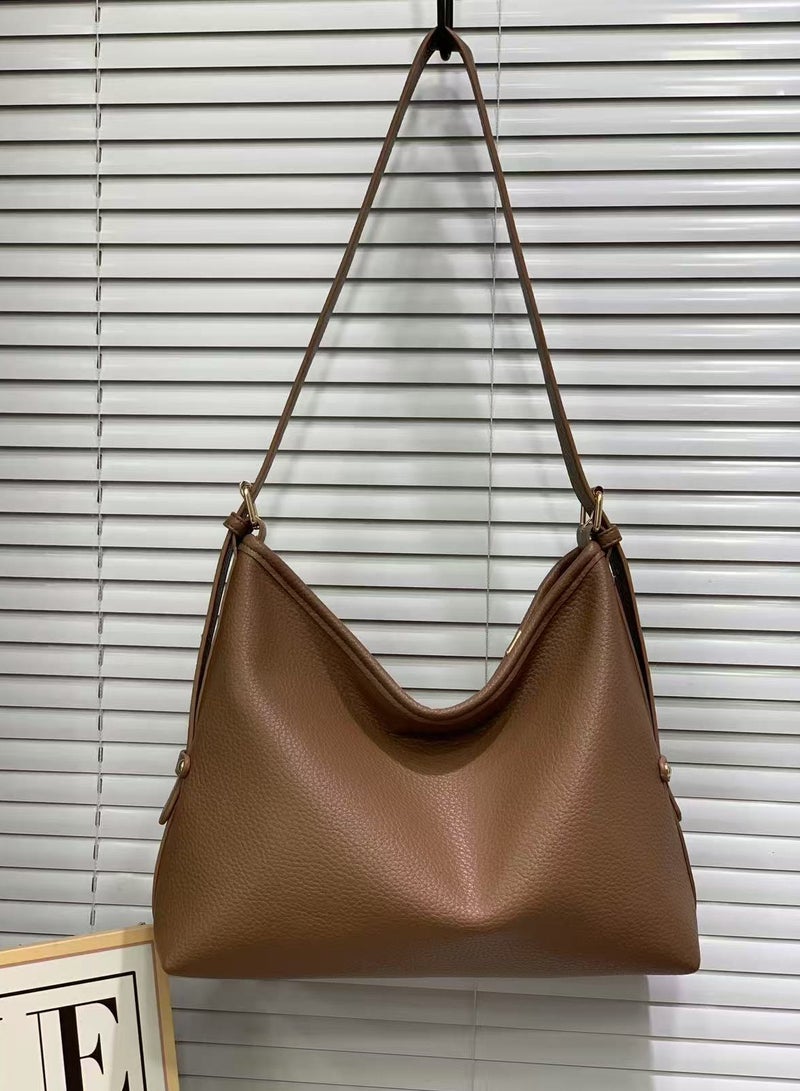 حقيبة كتف نسائية، حقيبة يد عصرية بلون سادة كبيرة السعة من الجلد الصناعي مع سحاب وحزام كتف قابل للتعديل للسيدات والفتيات - Image 1