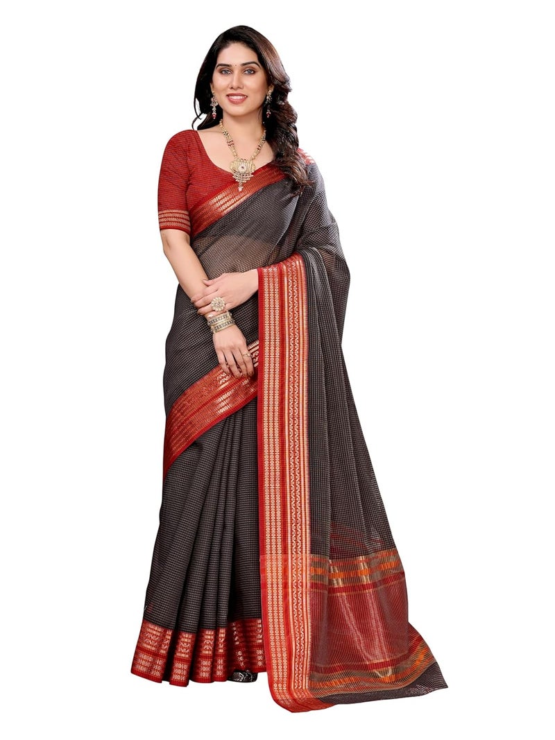 Sidhidata Women's Kota Doria Cotton Manipuri Checks Saree with Unstitched Blouse Piece - Image 1