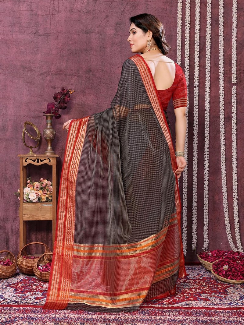 Sidhidata Women's Kota Doria Cotton Manipuri Checks Saree with Unstitched Blouse Piece - Image 3