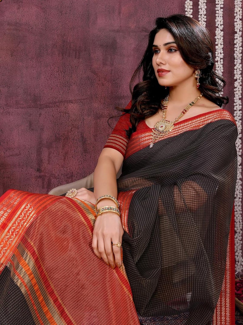 Sidhidata Women's Kota Doria Cotton Manipuri Checks Saree with Unstitched Blouse Piece - Image 2