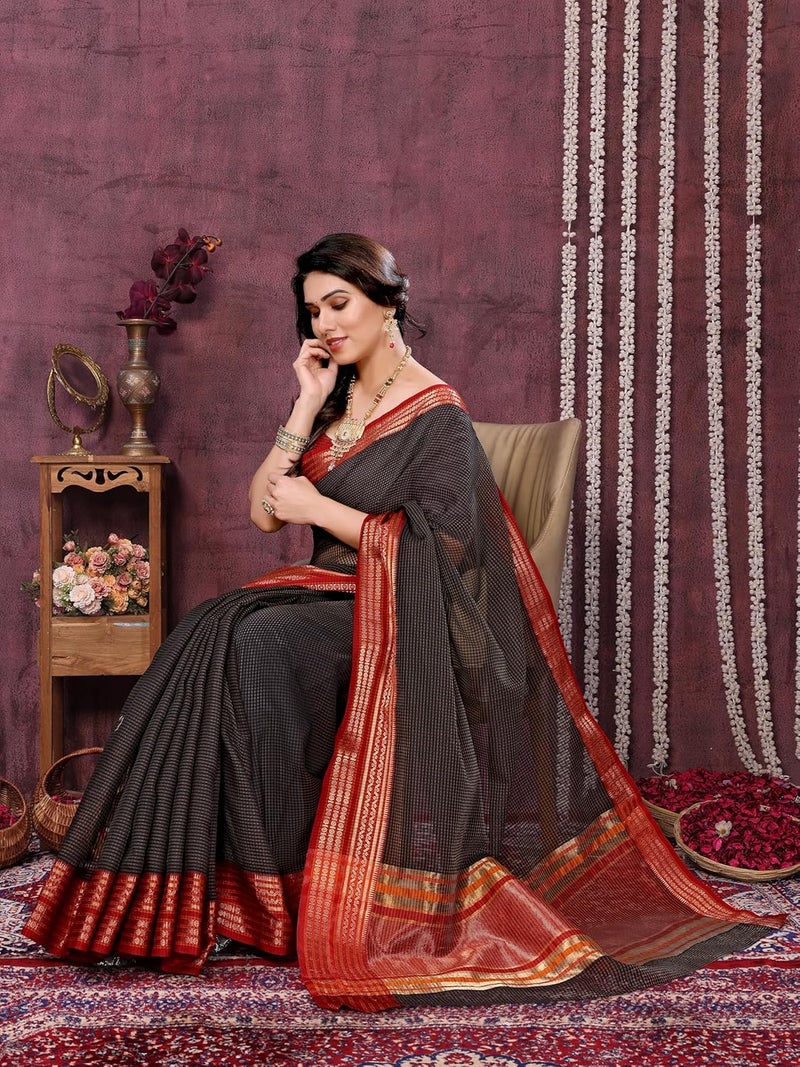 Sidhidata Women's Kota Doria Cotton Manipuri Checks Saree with Unstitched Blouse Piece - Image 4