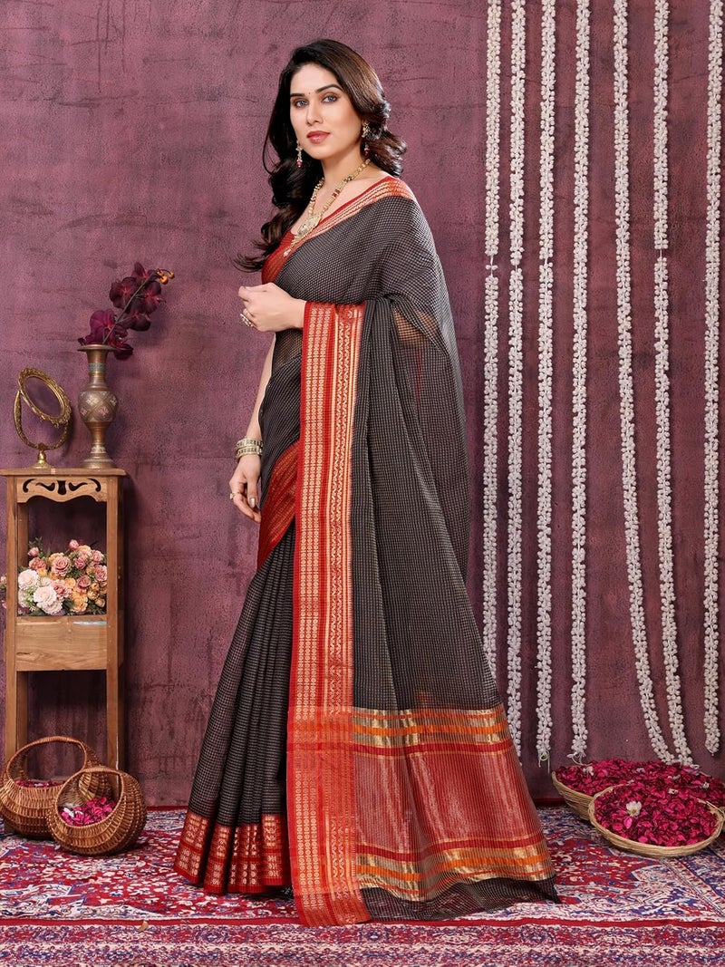 Sidhidata Women's Kota Doria Cotton Manipuri Checks Saree with Unstitched Blouse Piece - Image 5