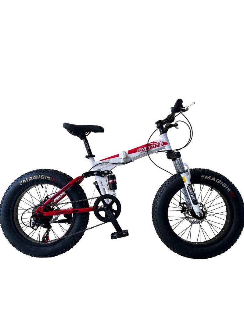 Generic Shard Fat Tire foldig bike, High-Carbon Steel Frame Cruiser Bikes, Beach Snowmobile Bicycle, Double Disc Brake 20 Inch Wheels 21 speed Adult Mountain Bike, Red/white  - Image 1