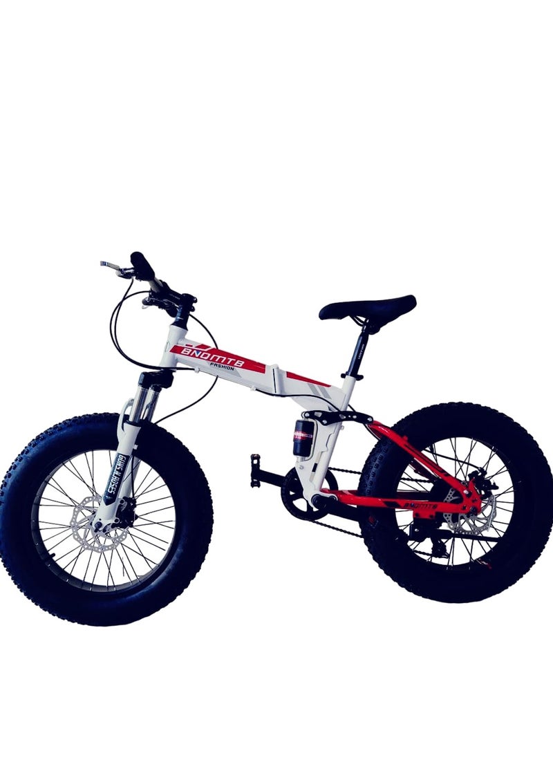 Generic Shard Fat Tire foldig bike, High-Carbon Steel Frame Cruiser Bikes, Beach Snowmobile Bicycle, Double Disc Brake 20 Inch Wheels 21 speed Adult Mountain Bike, Red/white  - Image 2