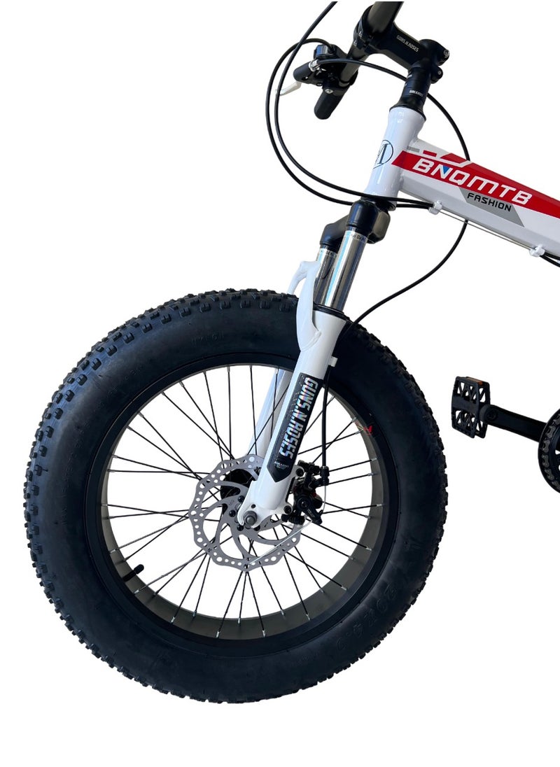 Generic Shard Fat Tire foldig bike, High-Carbon Steel Frame Cruiser Bikes, Beach Snowmobile Bicycle, Double Disc Brake 20 Inch Wheels 21 speed Adult Mountain Bike, Red/white  - Image 3