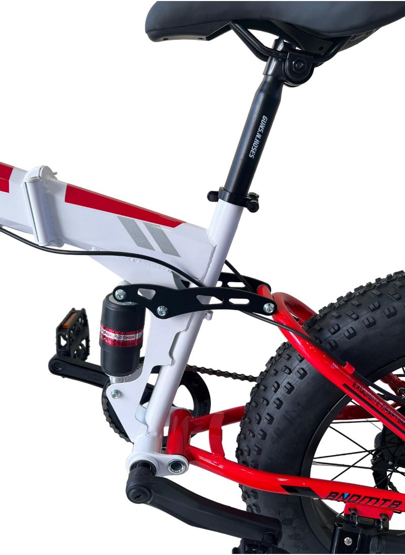 Generic Shard Fat Tire foldig bike, High-Carbon Steel Frame Cruiser Bikes, Beach Snowmobile Bicycle, Double Disc Brake 20 Inch Wheels 21 speed Adult Mountain Bike, Red/white  - Image 4
