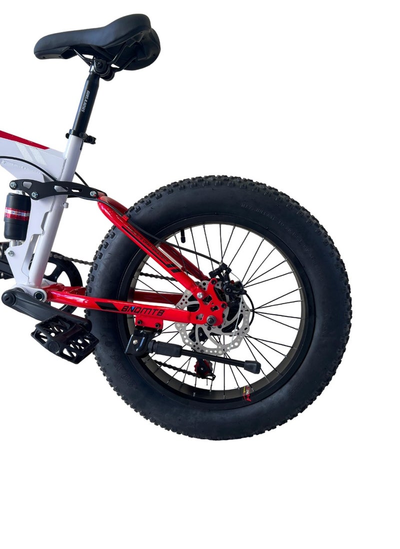 Generic Shard Fat Tire foldig bike, High-Carbon Steel Frame Cruiser Bikes, Beach Snowmobile Bicycle, Double Disc Brake 20 Inch Wheels 21 speed Adult Mountain Bike, Red/white  - Image 5