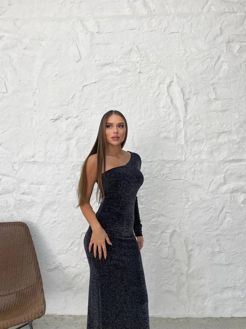 Afa One Sleeve Glittery Evening Dress - Night Dress