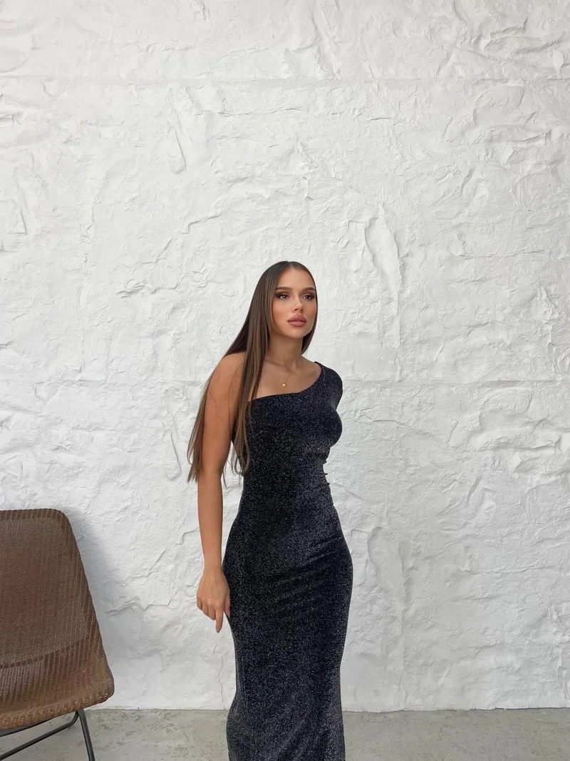 Afa One Sleeve Glittery Evening Dress - Night Dress