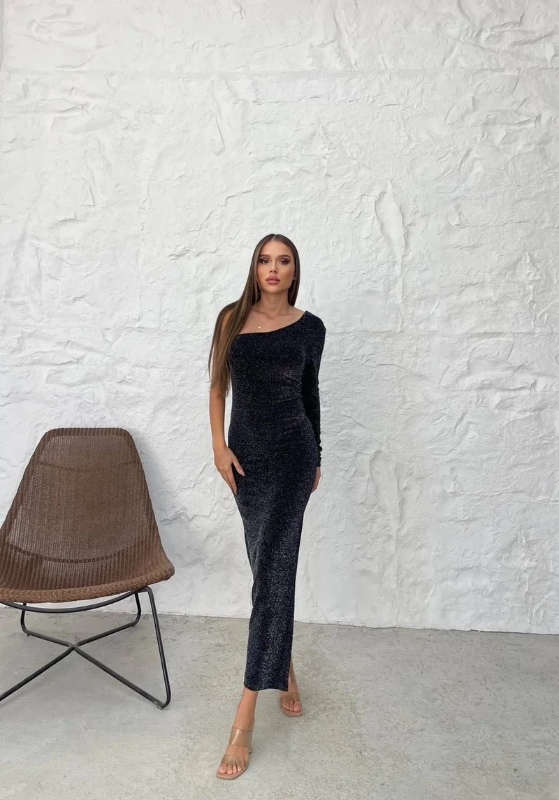 Afa One Sleeve Glittery Evening Dress - Night Dress