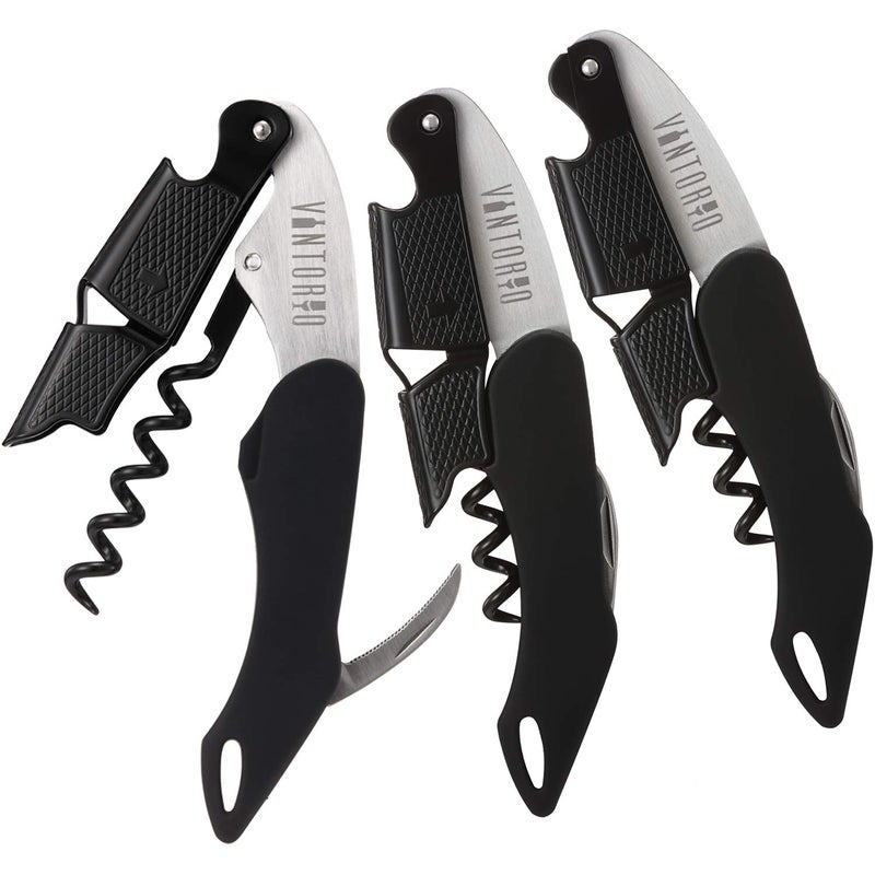 Vintorio Professional Waiters Corkscrew - Wine Key with Ergonomic Rubber Grip, Beer Bottle Opener and Foil Cutter (3 Pack) - Image 1