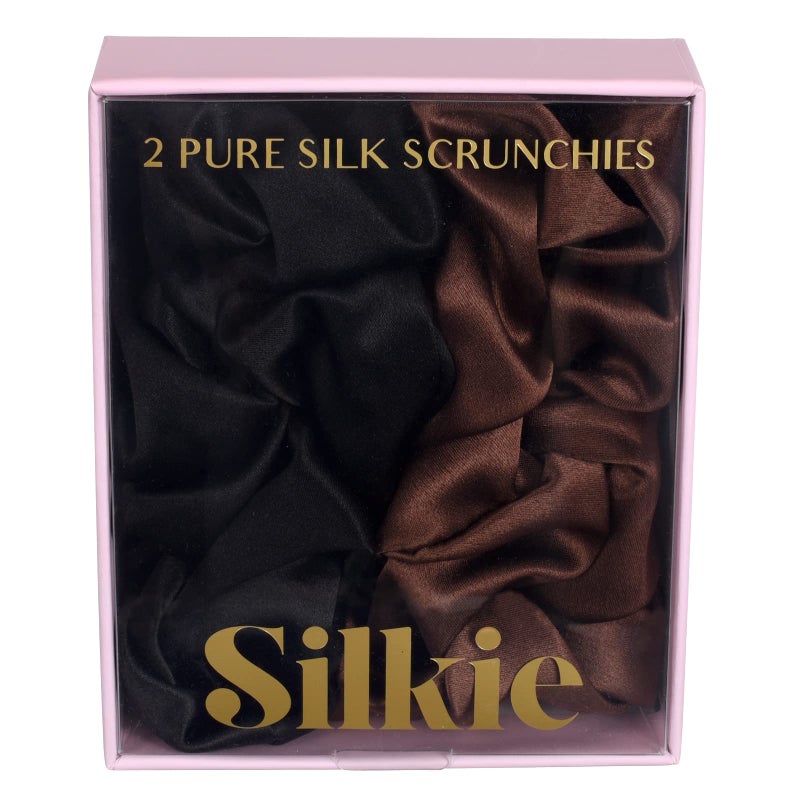طقم SILKIE x2 من 100% حرير توت أبيض - كريمة، قهوة، أسود، كبير، ضخم، رباط شعر، حقيبة سفر، أربطة شعر، مرونة، عناية بالشعر، حامل ذيل حصان متميز، بدون ضرر (كاكاو)
