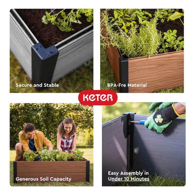 Keter 48" X 48" inches Wood Look Raised Garden Bed, Durable Outdoor Herb Garden Planter for Vegetables, Flowers, and Succulents, Brown - Image 5