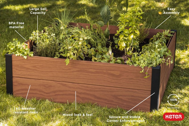 Keter 48" X 48" inches Wood Look Raised Garden Bed, Durable Outdoor Herb Garden Planter for Vegetables, Flowers, and Succulents, Brown - Image 4