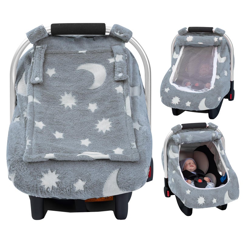 Kaseeous Car Seat Cover Baby, Carseat Cover Glow in The Dark, Fleece Plush Infant Car Seat Cover for Girls Boys, Warm Car Seat Canopy with Peep Mesh Windows, Universal Carrier Cover for Cold Weather - Image 1