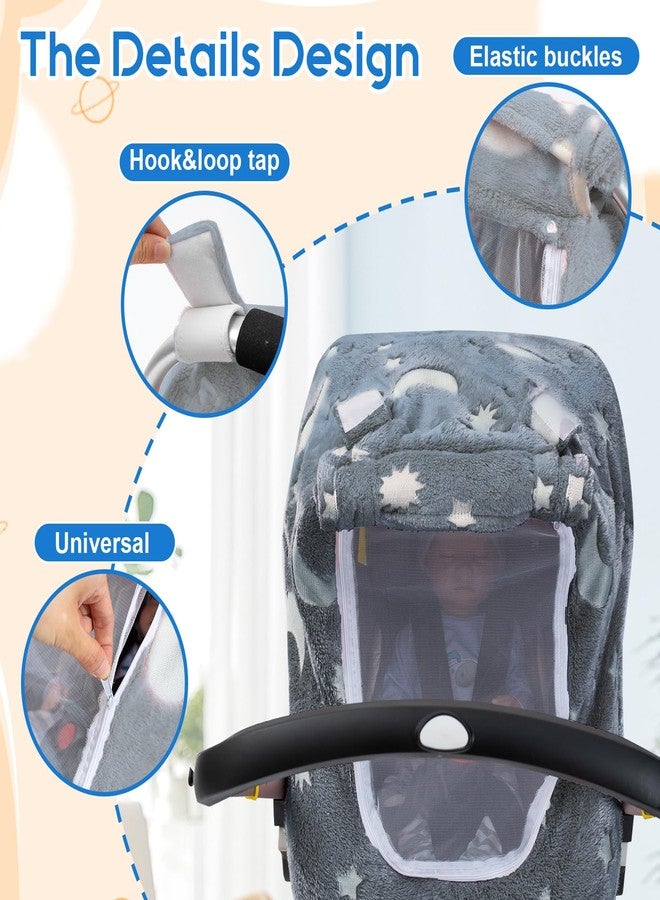 Kaseeous Car Seat Cover Baby, Carseat Cover Glow in The Dark, Fleece Plush Infant Car Seat Cover for Girls Boys, Warm Car Seat Canopy with Peep Mesh Windows, Universal Carrier Cover for Cold Weather - Image 4