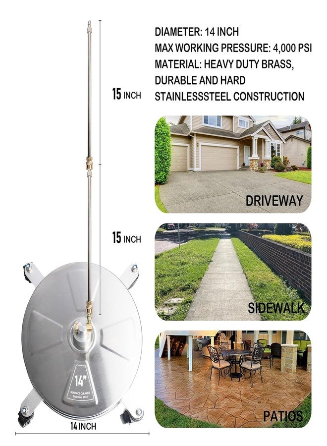 Hourleey 14" Pressure Washer Surface Cleaner, Stainless Steel Surface Cleaner with 4 Wheels for Concrete, Patio, Sidewalk, Deck, Pathway 1/4" Quick Connector, 2 Extension Wand, 4000 PSI - Image 2