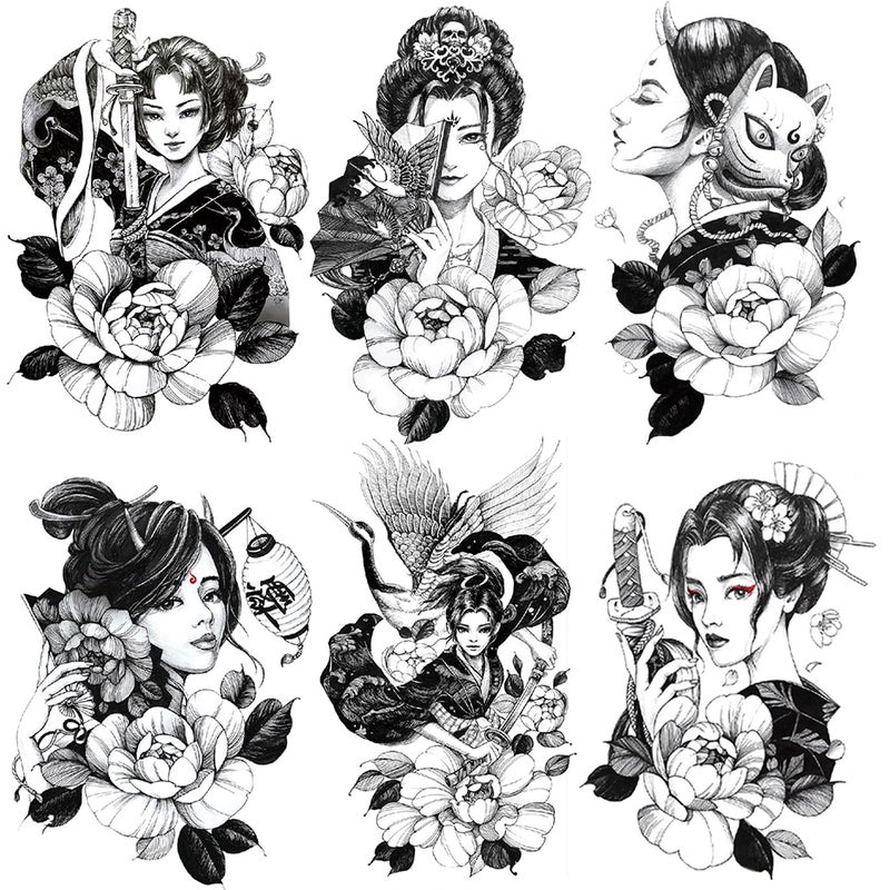 6 Sheets Waterproof Arm Temporary Tattoo Stickers Black Japanese Geisha Women Lady Samurai Fan Sword Crane Flower Fox Keaton Mask