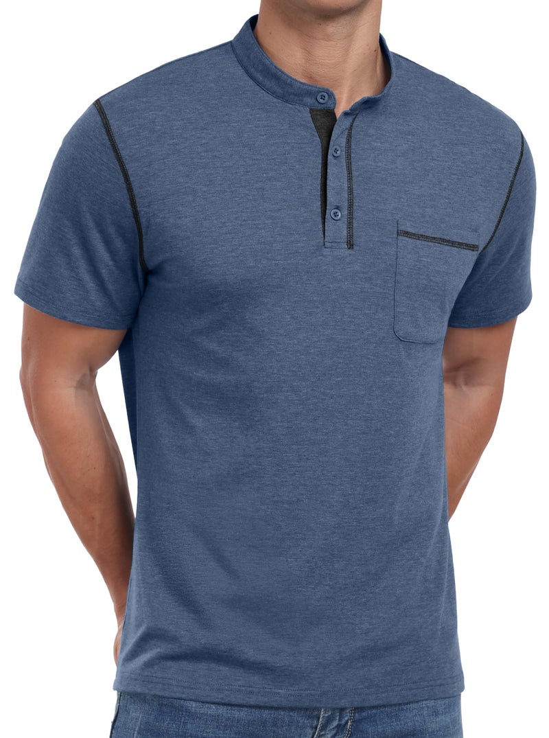 Sailwind Mens Henley Shirts Short Sleeve Summer Casual Classic Cotton T Shirts Pocket Button Shirt Blue - Image 3