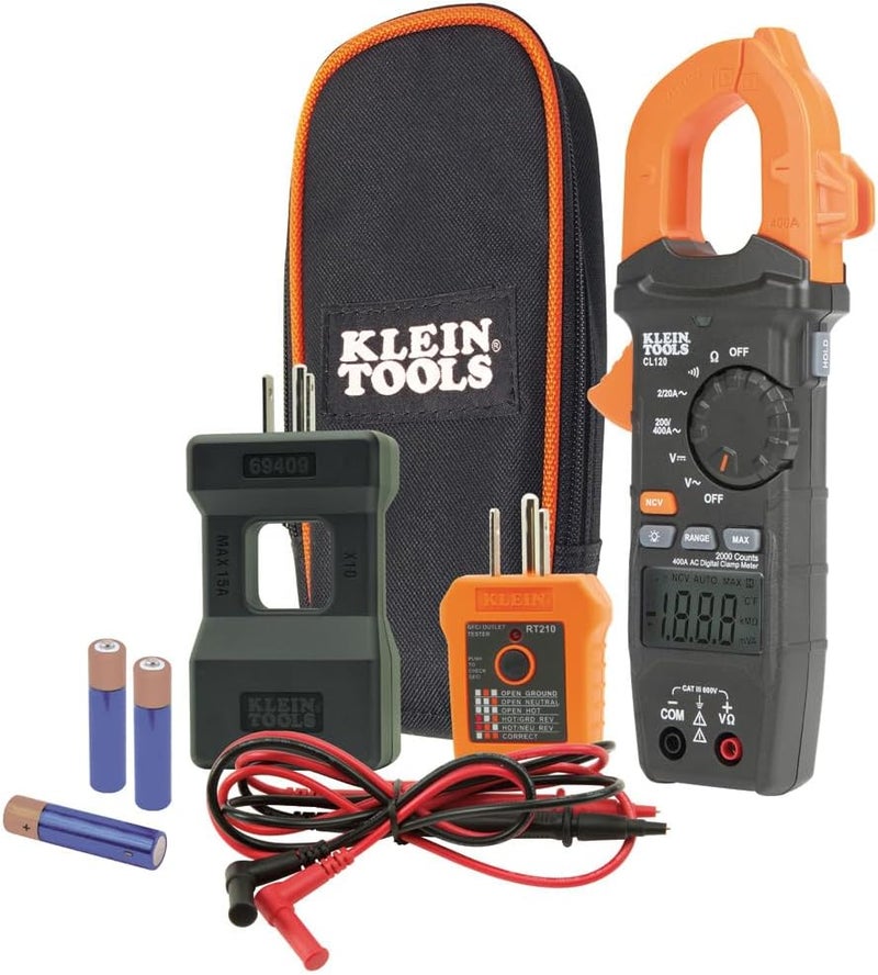 Klein Tools CL120KIT Clamp Meter Electrical Test Kit, AC Auto Ranging 400 Amp, Backlit Display, Includes GFCI Tester-Line Splitter-Pouch-Leads-3 x AAA - Image 1