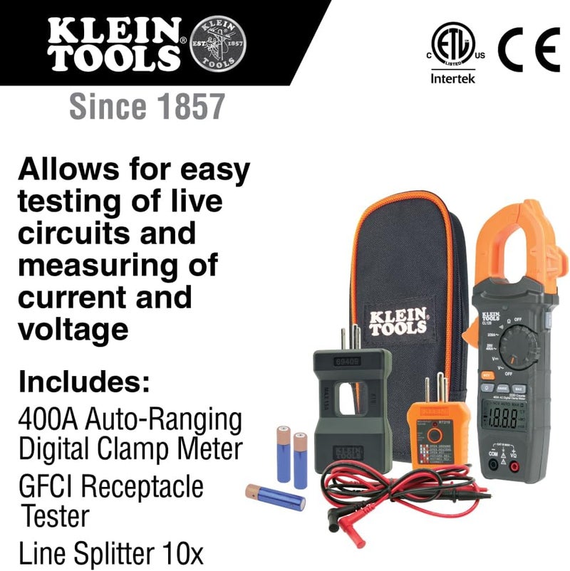Klein Tools CL120KIT Clamp Meter Electrical Test Kit, AC Auto Ranging 400 Amp, Backlit Display, Includes GFCI Tester-Line Splitter-Pouch-Leads-3 x AAA - Image 2