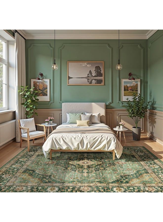 Deerly Green Rugs for Bedroom Area Rugs 7x9 Washable Rugs Boho Vintage Oriental Large Foldable Faux Wool Carpet for Living Room Nursery Room Dorm Kids Playroom Home Office - Image 2