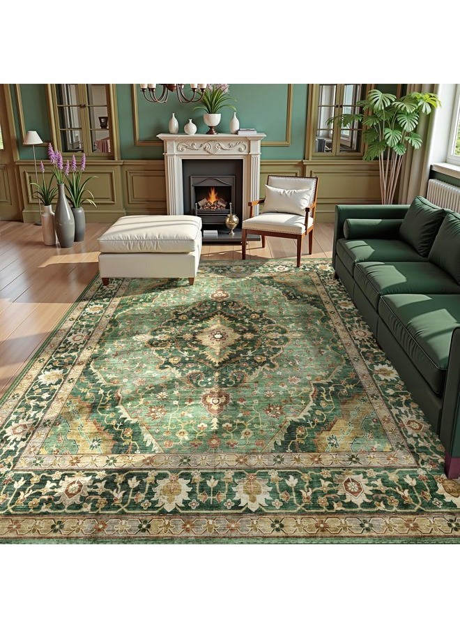 Deerly Green Rugs for Bedroom Area Rugs 7x9 Washable Rugs Boho Vintage Oriental Large Foldable Faux Wool Carpet for Living Room Nursery Room Dorm Kids Playroom Home Office - Image 1