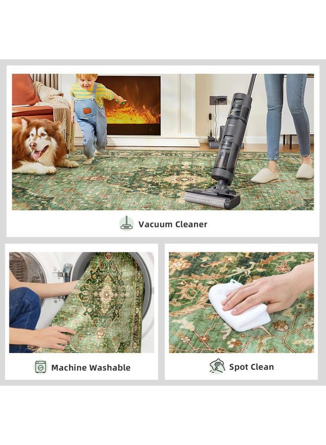 Deerly Green Rugs for Bedroom Area Rugs 7x9 Washable Rugs Boho Vintage Oriental Large Foldable Faux Wool Carpet for Living Room Nursery Room Dorm Kids Playroom Home Office - Image 3