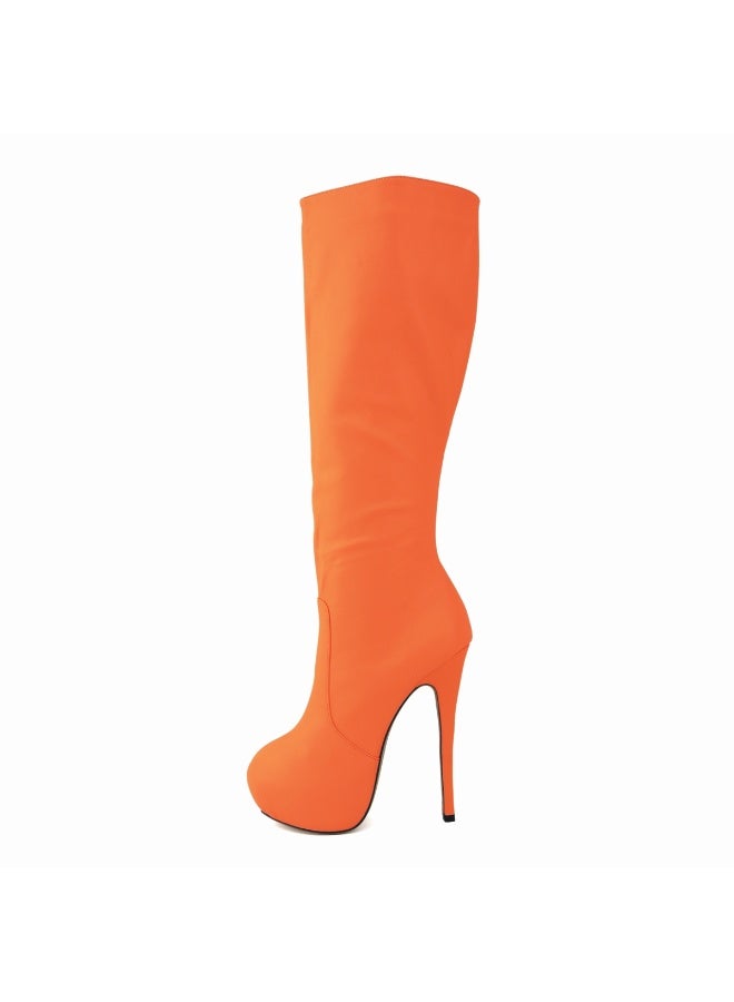Loquat Faux leather ultra-high heel leg-slimming round-toe knee-high women's boots Heel height: 14cm, platform height: 4cm Orange - Image 2