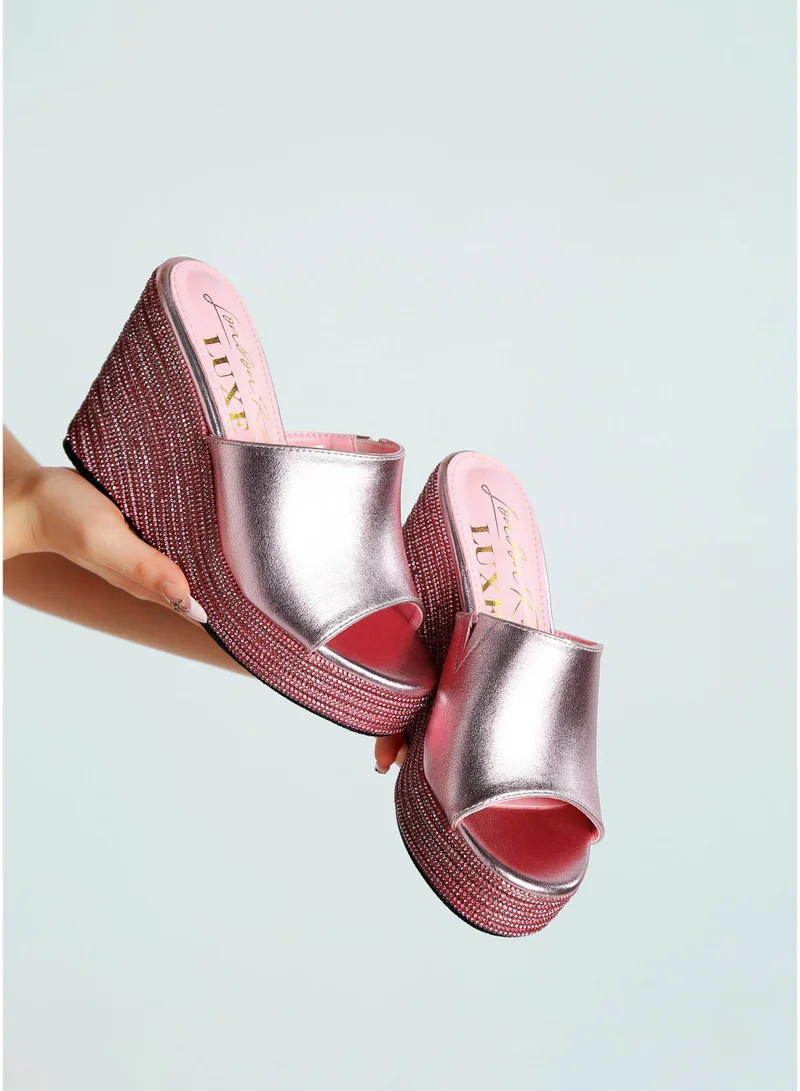 London Rag Wedge Heel Peep Toe Sandals in Pink