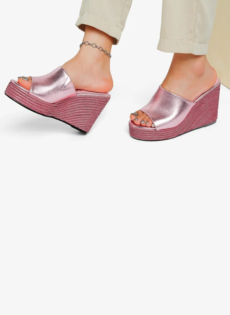 London Rag Wedge Heel Peep Toe Sandals in Pink