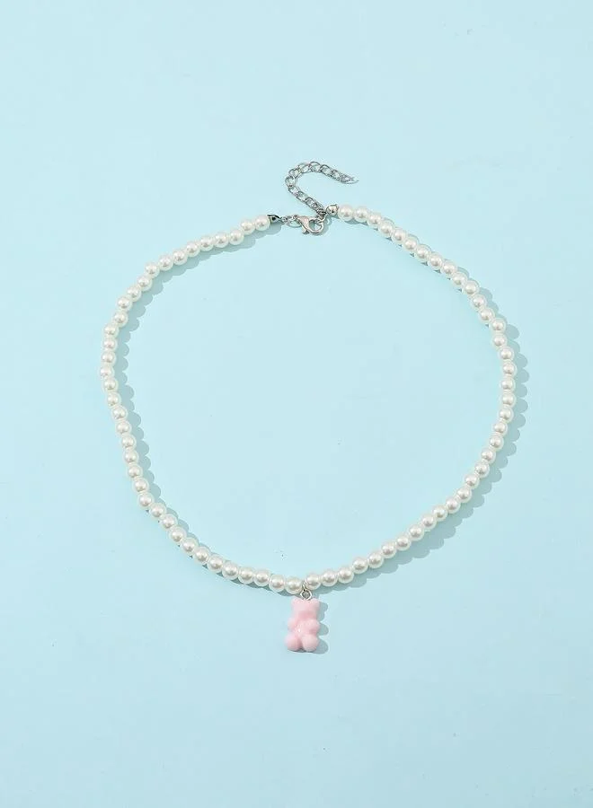Take Two Girls Pink Gummy Bear Pearl Pendant Necklace