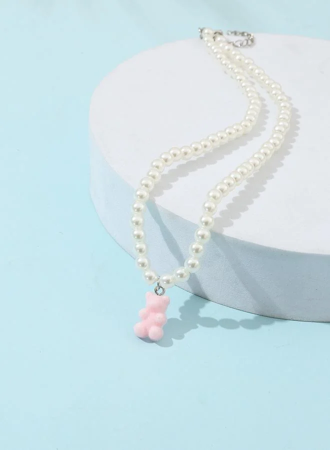 Take Two Girls Pink Gummy Bear Pearl Pendant Necklace