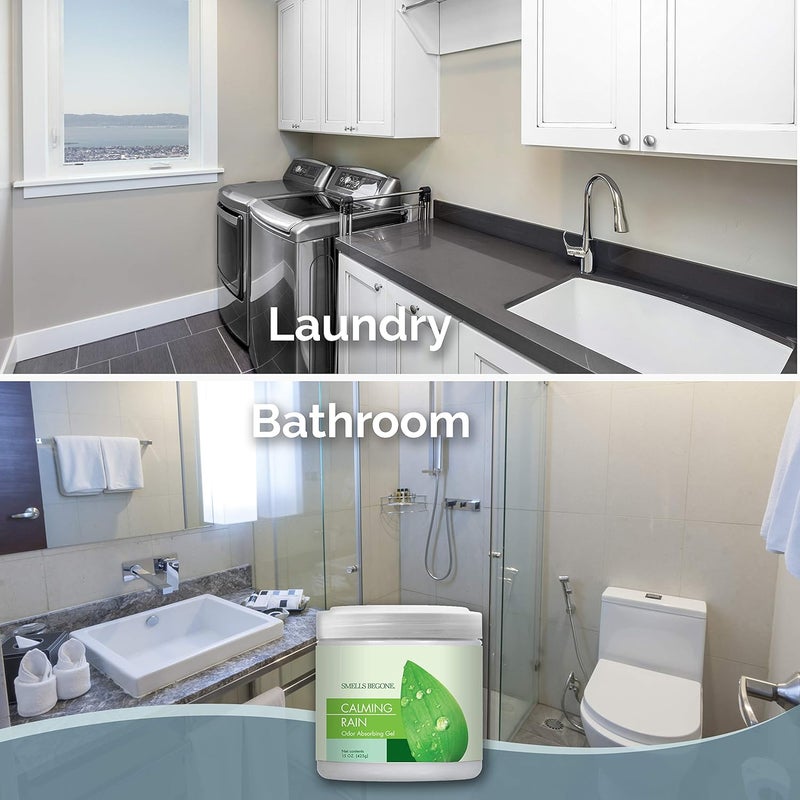 SMELLS BEGONE Air Freshener Odor Absorber Gel - 15 oz, Pack of 2 - Absorbs and Eliminates Odor in Pet Areas, Bathrooms, Cars, & Boats - Made with Essential Oils - Calming Rain Scent - Image 5