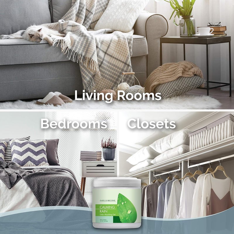 SMELLS BEGONE Air Freshener Odor Absorber Gel - 15 oz, Pack of 2 - Absorbs and Eliminates Odor in Pet Areas, Bathrooms, Cars, & Boats - Made with Essential Oils - Calming Rain Scent - Image 3