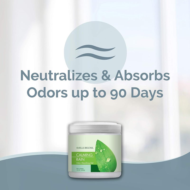 SMELLS BEGONE Air Freshener Odor Absorber Gel - 15 oz, Pack of 2 - Absorbs and Eliminates Odor in Pet Areas, Bathrooms, Cars, & Boats - Made with Essential Oils - Calming Rain Scent - Image 2